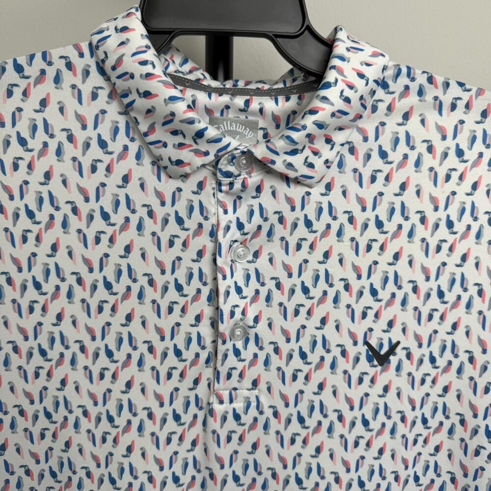 Callaway Opti-Dri Golf Polo Shirt Mens Large L Toucan Bird Novelty Print White
